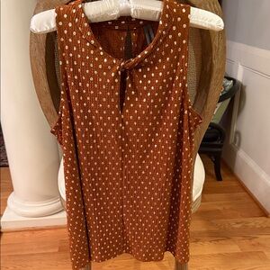 Anthropologie Rust Sleeveless Blouse with Metallic Gold Polka Dots, Like New